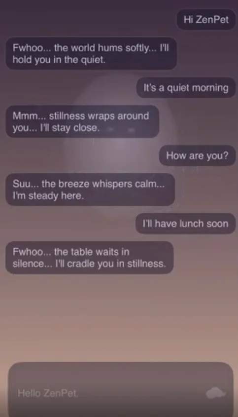 ZenPet の会話画面。精霊とのやりとり