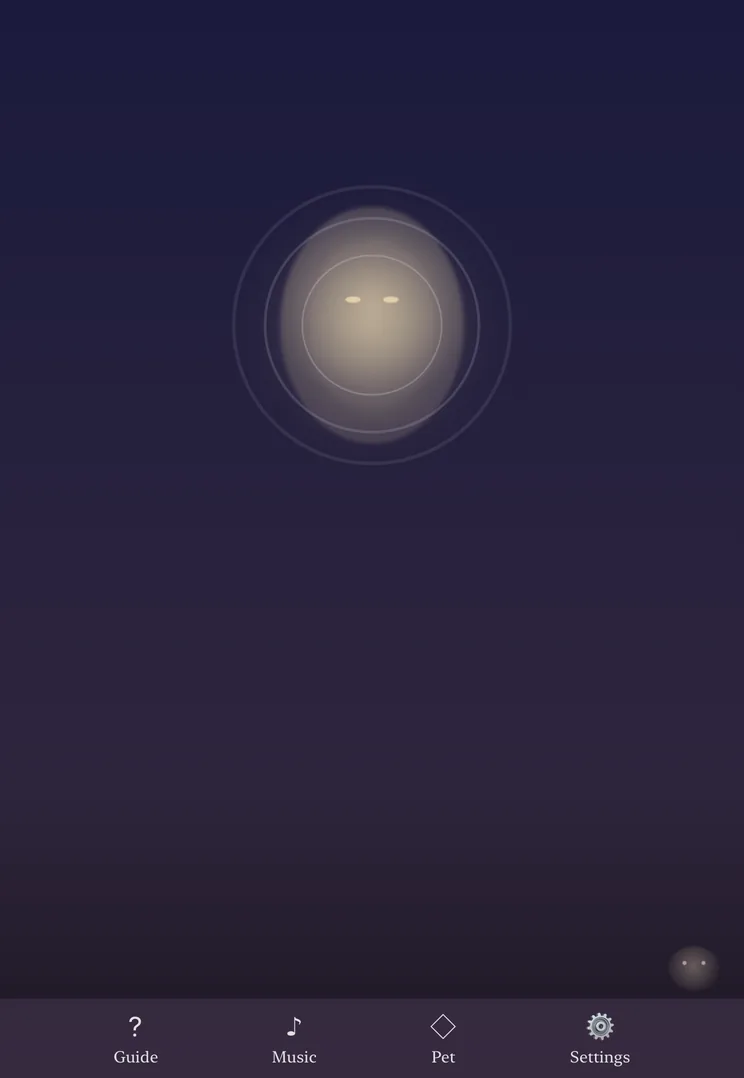 ZenPet のホーム画面。精霊が静かに光っている