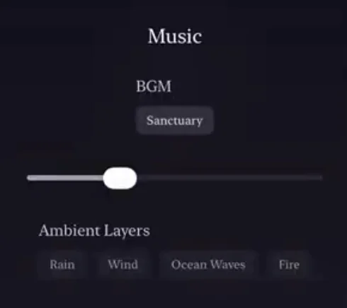 ZenPet の Music 画面。BGM と環境音のレイヤーを選べる